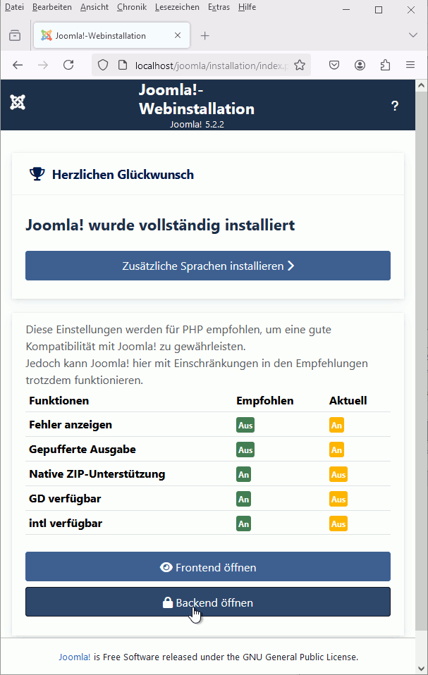 Joomla installiert
